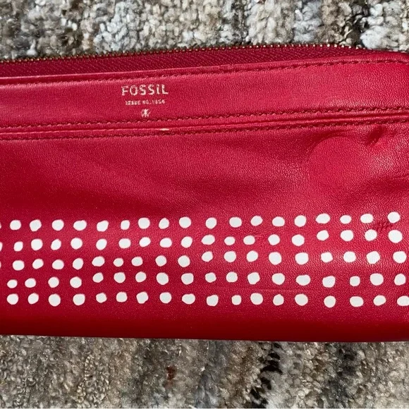 Fossil Red Leather Clutch with White Stud Dot Pattern (12) - Picture 3 of 7